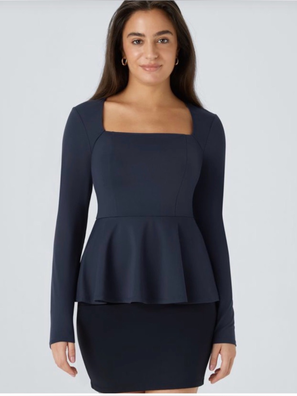 HALARA Navy Long-Sleeve Draped Peplum Top
